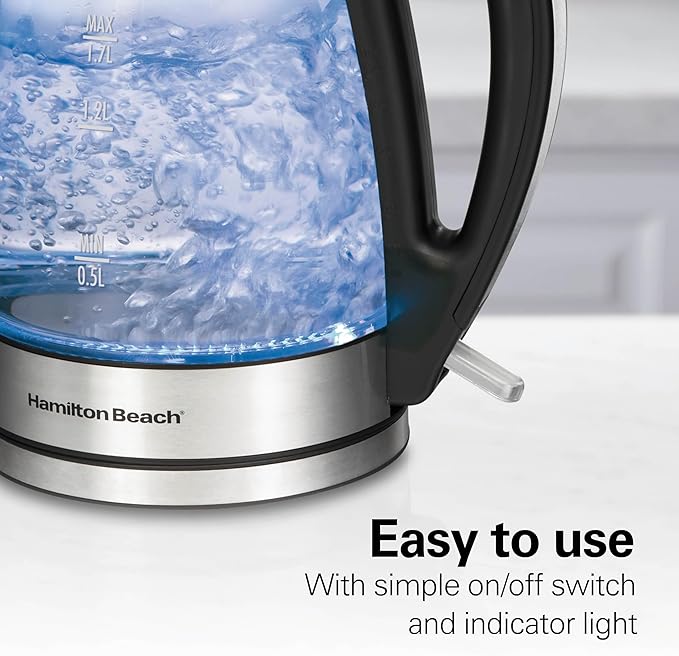 Hamilton Beach 1.7 Liter Electric Tea Kettle, Water Boiler & Heater | Fast Boiling 1500 Watts | BPA Free | Cordless Serving | Auto-Shutoff & Boil-Dry Protection | LED Indicator | Clear Glass