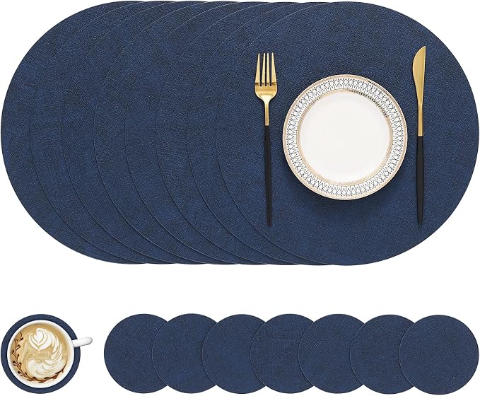Round Faux Leather Placemat and Coaster 8 Packs, Washable Heat Resistant Dining Place Mats, Wipeable Double-Sided Table Mats for Indoor and Outdoor, Diameter 13 and 3.93 inch, Navy