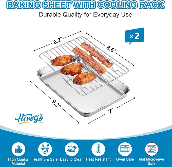 Herogo Small Stainless Steel Baking Sheet with Rack Set(2 Pans + 2 Racks), 9.2'' x 7'' x 1'' Mini Metal Bacon Tray with Cooling Rack Set for Oven, Nontoxic & Easy Clean