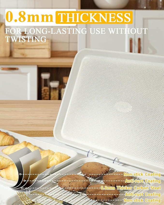 2-Pack 12x17 Half Sheet Pan Baking Sheet Set with Wire Rack - Nonstick 0.8mm Thick Carbon Steel, Cookie Sheets for Baking, Dishwasher Safe, Warp Resistant, Oven Safe 450°F, Salted Gray