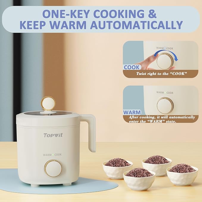TOPWIT Small Rice Cooker 2-Cup Uncooked, 1.2L Nonstick Mini Rice Cooker | Removable Pot, BPA-free, One-touch Operation, Auto Keep Warm, Ideal for Dorm, Office & Travel, Compact & Portable, Beige