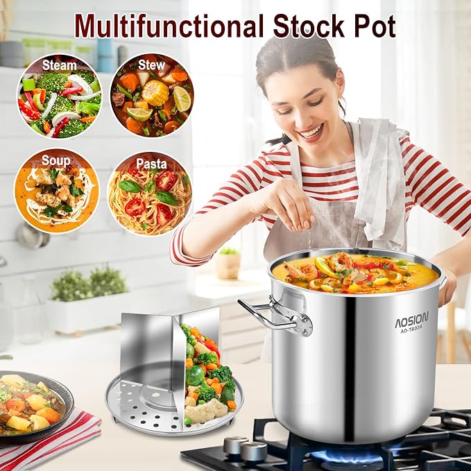 AOSION 24QT Stainless Steel Stock Pot with Lid,6 Gallon. | Steamer Rack & Divider, Heavy Duty Tamale Steamer Pot, Visible Lid, For Crab Boil, Pasta, Soup