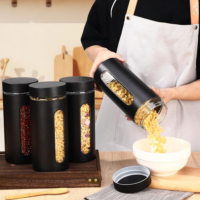 Patelai 6 Pack Kitchen Canisters Set Airtight Stainless Steel Canister Food Storage Container with Window Glass, Coffee Sugar Candy Jars Tea Organizer for Flour Cookies Spice(Black,44 oz)