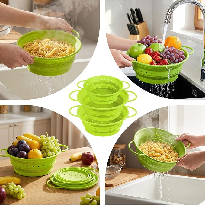 3 Pack Collapsible Colander with Strainer Bowl Set,Green | 11 & 13 In Silicone Colanders for Kitchen, Heat-Resistant Strainer Dishwasher Safe Baskets for Vegetable Fruits