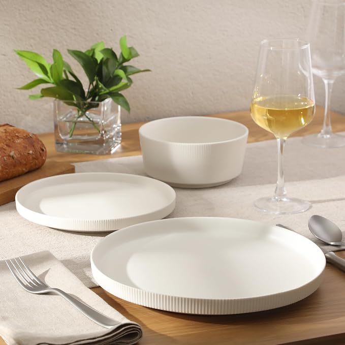 Gibson Home Dempsey Road 12-Piece Stoneware Dinnerware Set – Service for 4, Round White Plates and Bowls, Durable Solid Color Modern Embossed Dish Set, Microwave & Dishwasher Safe