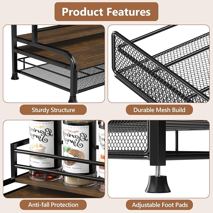 Coffee Syrup Rack Organizer, 3-Tier with 35 K-Cup Pod Holder Drawer | Black Metal Rack for 8 Syrup Bottles,Countertop Bottle Holder Stand for Wine,Space-Saving Design for Kitchen Cafe Station