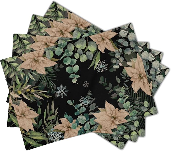 Watercolor Eucalyptus Flower Table Placemats Set of 4，Blue Snowflake Placemat for Dining Table，Washable Table mats for Winter Holiday Birthday Party Decor，12x18 Inch