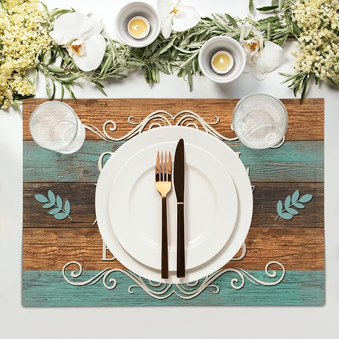 Thankful Placemats Set of 6 18x12 Inch Grateful Blessed Linen Place Mats Heat-Resistant Washable Wipeable Farmhouse Table Mat for Party Kitchen Dining Room Dinner Table Decor