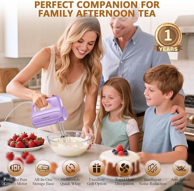 BAIGELONG Hand Electric Mixer, 5-Speed KitchenMixer with 5 * 304 Stainless Steel Attachments + Storage Base, Food Handheld Mixer for Baking, Whipping Cream, Cake Mixing, Purple