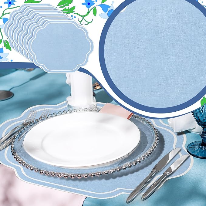 6-Piece Scalloped Embroidered Placemats - 17" x 13" Double-Layered Cotton Table Mats for Wedding, Party & Holiday Decor (Light Blue)