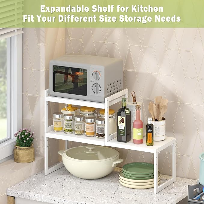 Expandable Cabinet Shelf Organizer, Stackable Kitchen Counter Shelf, White | Space Saving Metal Pantry Storage Racks for Kitchen Spice Rack Pans and Untensils Bathroom Office Organization, 1-Tier
