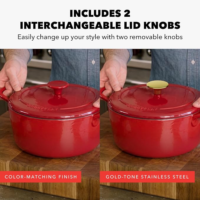 GreenPan x Bobby Flay 5.5QT Enameled Cast Iron Dutch Oven With Lid, Red | Casserole Pot for Braising, Stews, Bread Baking & Searing, Self-Basting Lid, Induction Ready, Oven Safe To 500, Gold Lid Knob
