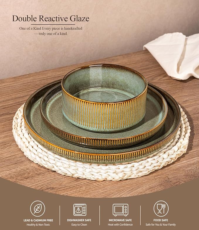 GBHOME Stoneware Dinnerware Sets for 4, 12-Piece Plates and Bowls Set | Handmade Reactive Glaze Ceramic Dish Set, Scratch Resistant, Dishwasher&Microwave Safe,Moss Green