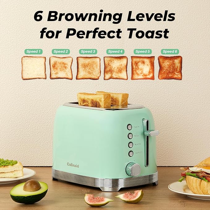 Toaster 2 Slice Retro Stainless Steel, Aqua Green | 1.5” Extra Wide Slots with Bagel, Defrost, Reheat, Cancel Functions, 6 Bread Shade Settings, Removable Crumb Tray