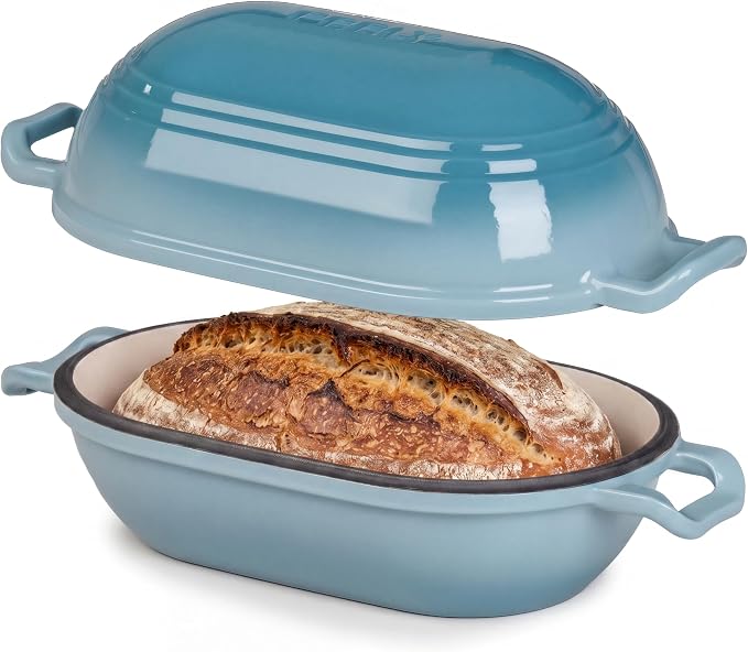 Enameled Cast Iron Dutch Oven for Sourdough Bread Baking,11 x 7 Inch Oval Cast Iron Bread Pan with Lid,Dutch Oven for Homemade Sourdough Baking,5 QT Meatloaf Pan,Oven Safe(Ocean Blue)