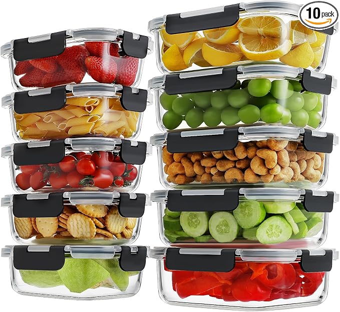 HOMBERKING 10-Pack Glass Meal Prep Containers, 36 oz/14 oz, Locking Lid Set | Borosilicate Glass Food Storage Containers Set, Airtight Lunch Bento Boxes, BPA-Free, Dishwasher Freezer, Oven Safe-Black