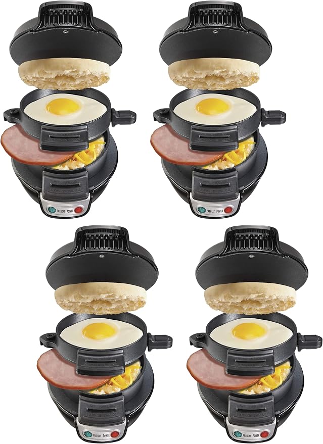 Hamilton Beach Breakfast Sandwich Maker with Egg Cooker Ring,Customize Ingredients,Perfect for English Muffins,Croissants,Mini Waffles,Perfect White Elephant Gifts,Black (25477),(Pack of 4)