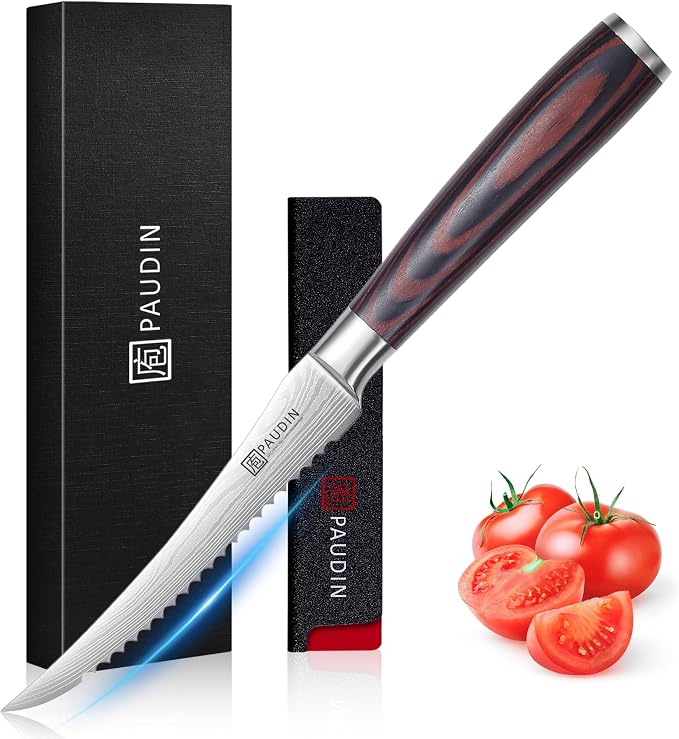PAUDIN Tomato Knife, 5 inch Serrated Tomato Knife with Sheath | High Carbon Stainless Steel Tomato Slicer Knife for Smooth Cutting Slicing Vegetables and Fruits