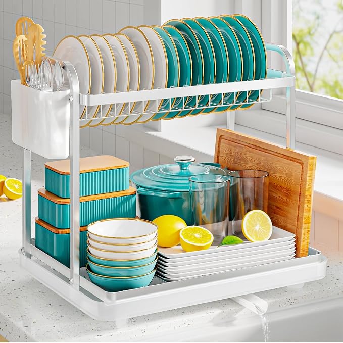 Sakugi Dish Drying Rack 2-Tier 15x11.4x15 Silver Double Rod | Kitchen, Sink Counter, Stainless Steel, Counter Top, Utensil Holders, Cutlery Holder, for Small Family, Easy to Clean