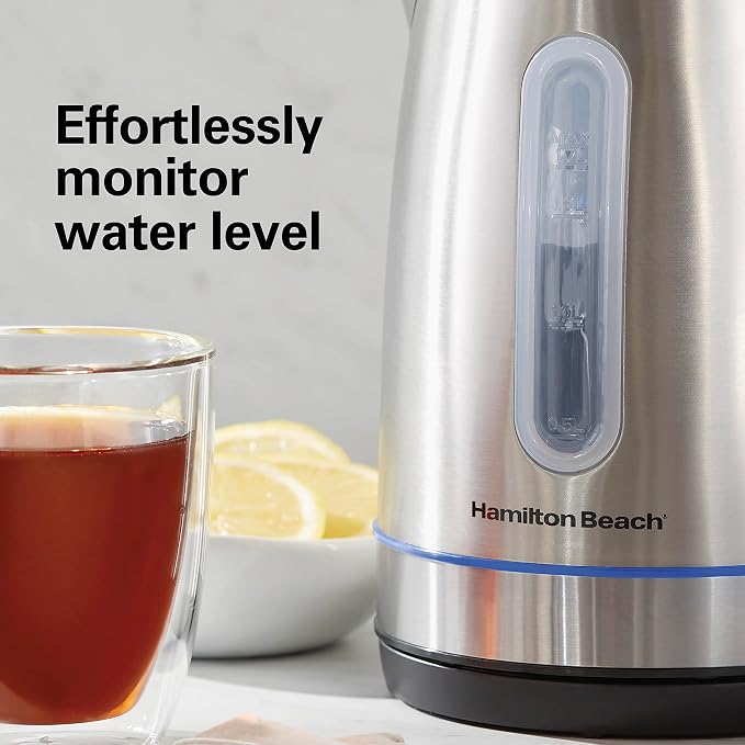 Hamilton Beach 1.7 Liter Electric Tea Kettle, Water Boiler & Heater | Fast Boiling 1500 Watts | BPA Free | Cordless Serving | Auto-Shutoff & Boil-Dry Protection | LED Light Ring | Stainless Steel
