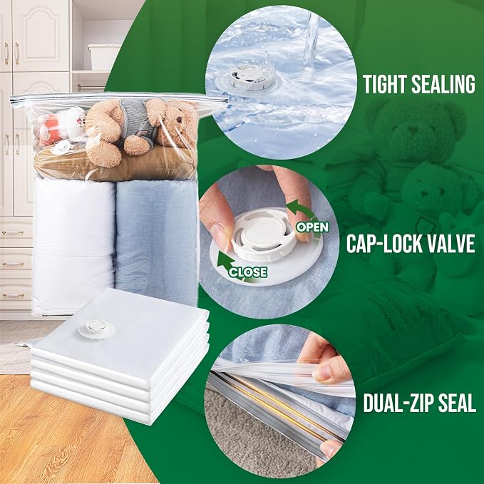 TAILI 6 Pack Vacuum Storage Bags, Jumbo Size (31×40 inch), Cream | Vacuum Seal Bags for Clothing, Extra Large Space Saver for Bulky Beddings, Comforters, Blankets, Pillows, Reusable