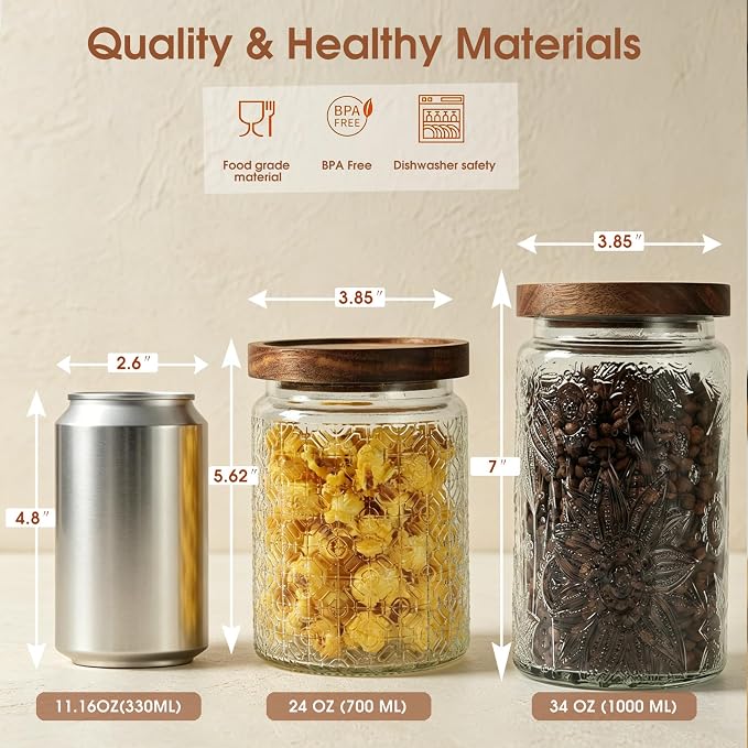 Vintage Glass Jar with Lid Airtight Candy Coffee Canister Food Storage Set | 24oz Decorative Container Set with Silicone-Sealed Bamboo Lid, Thick Glass BPA-Free, for Kitchen Stores Sugar Flour-2 Pack