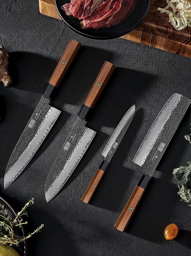 HOSHANHO 7 Pcs Knife Set with Magnetic Knife Block, Ultra Sharp Knife Set | Hand Forged 9 Layers 10CR15MOV High Carbon Steel Kitchen Knife Set, Japanese Chef Knife Set with Ergonomic Rosewood Handle