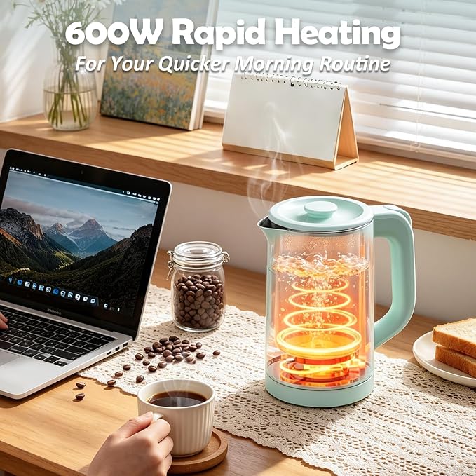 Small Electric Kettle 0.8L, 600W, 304 Stainless Steel Inner, Green | Auto Shut-Off, Boil Dry Protection, BPA-Free, Fast Water Heater for Dorm Office Travel
