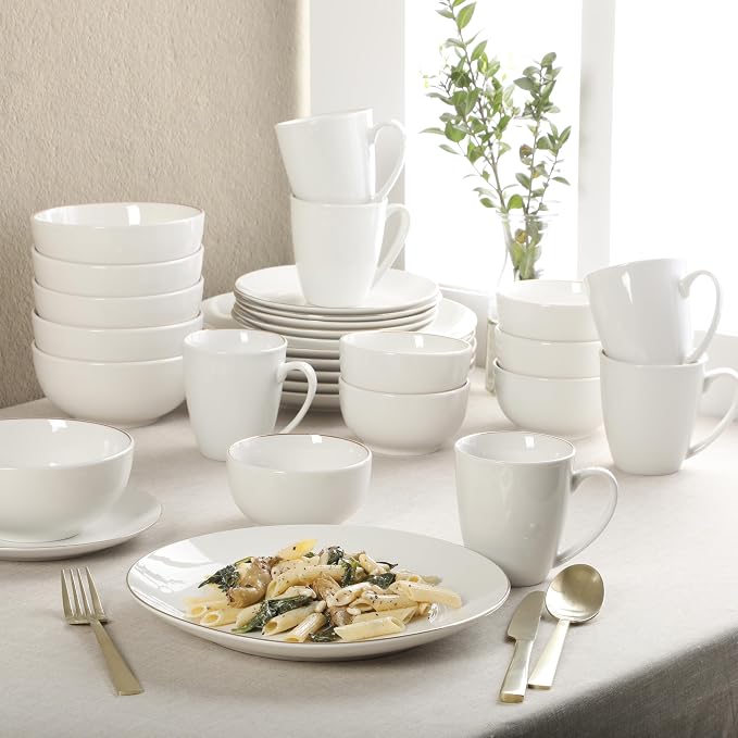 Gibson Home Ogalla 30 Piece Plates, Bowls, & Mugs Dinnerware Set - Service for 6 - White Porcelain W/Gold Band