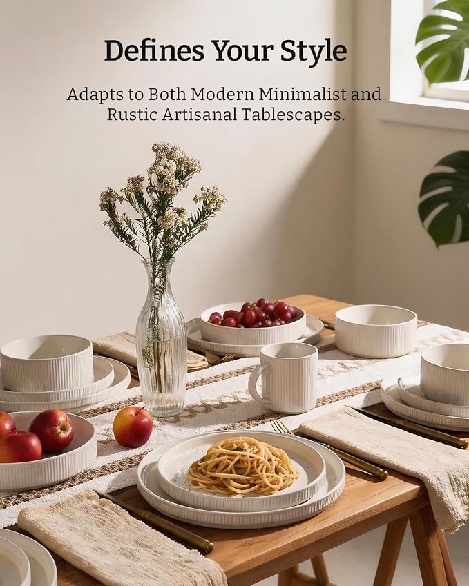 Famiware Stoneware Dinnerware Sets for 8, 24pc Rimmed Plates, Bowls, Dishes | Chip & Scratch Resistant Ceramic, Microwave & Dishwasher Safe, Everyday & Formal Use, Modern Rustic, Lipped Edges, Oat White