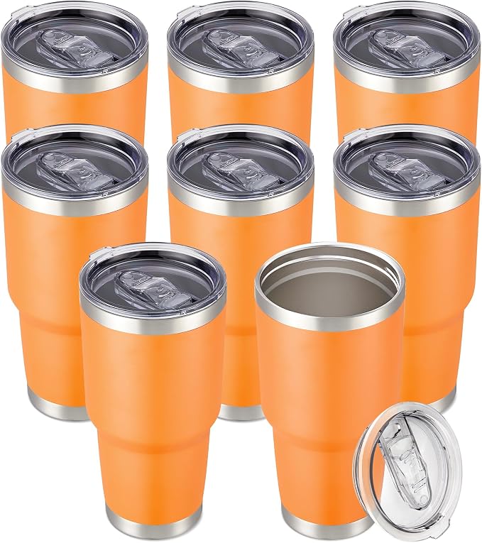 30 oz Tumbler with Lid Stainless Steel Tumblers Bulk, 8 Pack | Vacuum Insulated Cup, Leak Proof Lid, Powder Coated Travel Mug, Double Wall, Keep Cold Drinks for 12 Hours, Orange