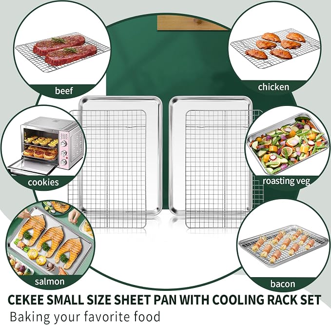 Small Baking Sheet with Rack Set [2 Cookie Sheets + 2 Baking Racks], CEKEE Stainless Steel Small Baking Pan and Grill Rack - Rust & Warp Resistant & Nonstick, Size 9.33 x 6.96 x 1 Inch