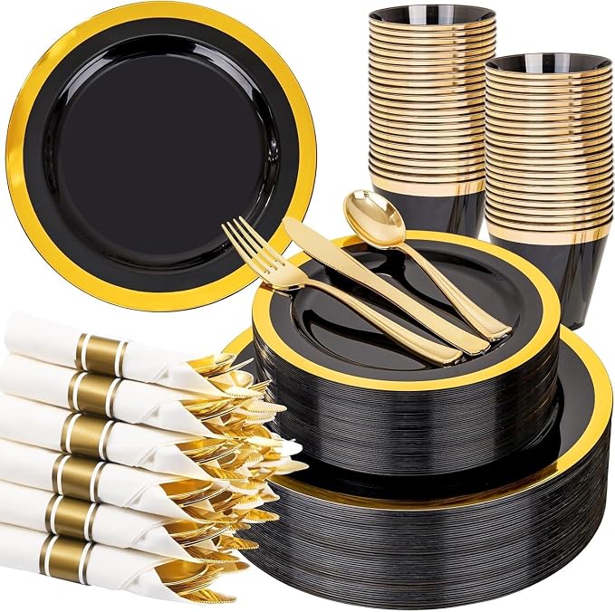 YOUBET 350PCS Black and Gold Plastic Plates for Party Wedding | Black Disposable Dinnerware Sets for 50 Guests - 100 Plastic Plates, 150 Gold Silverware, 50 Cups, 50 Pre Rolled Napkins