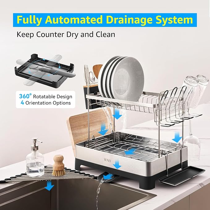 2 Tier Dish Drying Rack, Extra Large Dish Rack, Multifunctional Large Dish Drainers for Kitchen Counter, 304 Stainless Steel Kitchen Drying Rack, Bowl Drying Rack, Extendable Drain Spout, Black