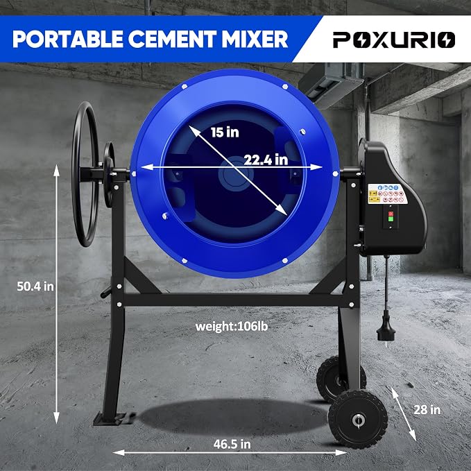 5.3 Cu.Ft. 1HP Electric Cement Mixer, 750W Portable Concrete Mixer Machine with Stand & Wheels, for Stucco, Mortar, Seeds - 2026 Upgraded (Blue)