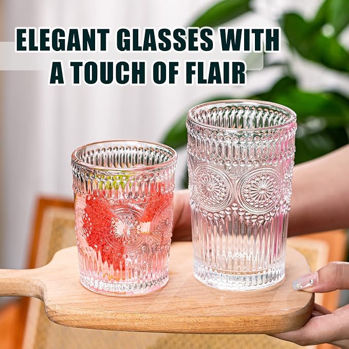 Vintage Drinking Glasses Set of 12, Textured Clear Striped Glass Cups-6 Highball Glasses 13oz & 6 Rocks Glasses 10oz, Ribbed Glassware Set, Mojito Cups, Cocktail Glass, Iced Coffee Cup