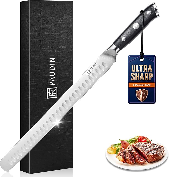 PAUDIN Brisket Knife, 12 Inch Dishwasher Safe Carving Slicing Knife for Meat, Razor Sharp German 1.4116 Steel Smoked Meat Cutter with Non-Slip Ergonomic G10 Handle & Gift Box, Perfect Gifts for Men