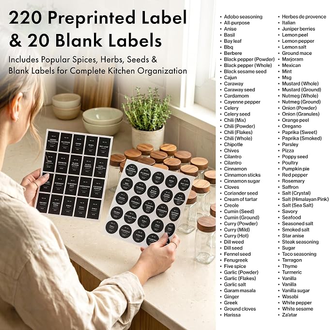 Glass Spice Jars with Label, 24x Acacia Wooden Lids - Black Labels | Airtight Lids keep spices fresh, Kitchen Spice Drawer Organizer, 4oz Seasoning Containers incl. Funnel, Brush & 240 Labels