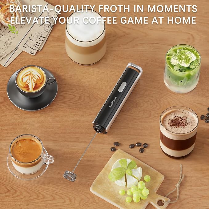 Anfilank Handheld Milk Frother Wand with Folding Stand, Rechargeable Electric Whisk with 3 Speeds & 3 Stainless Heads, Milk Foam Maker with Stand for Latte, Cappuccino, Hot Chocolate, Egg