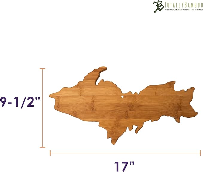 Totally Bamboo Upper Peninsula Shaped Bamboo Serving and Cutting Board | Upper Peninsula-shaped charcuterie board with bamboo grain. Knife-friendly surface for food prep. Hang tie for wall display.