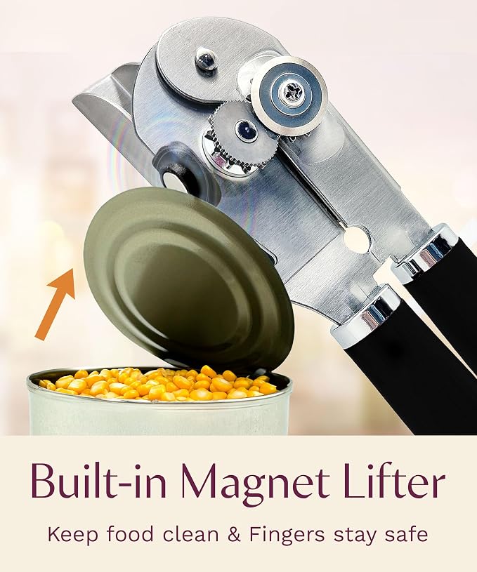 Heavy Duty Manual Can Opener with Magnetic Lid Lifter, Black | Premium Stainless Steel Body, Sharp Cutting Blade, Oversized Easy-Turn Knob, Soft-Touch Handle, Bottle Opener, Kitchen Use