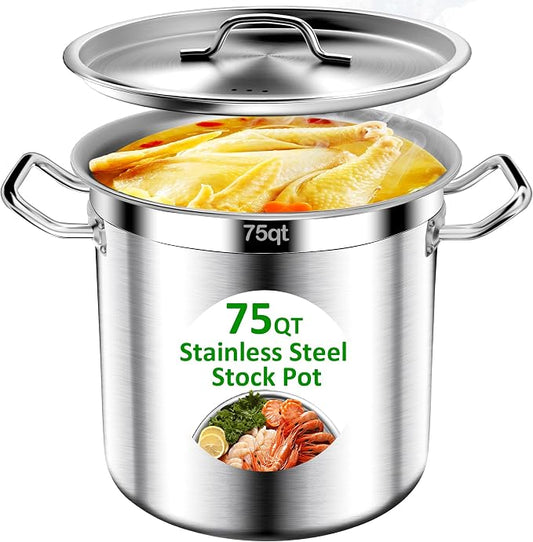 Commercial Grade Large Stock Pot - 75 QT Soup Pot with Lid - Non-Nickel Stainless Steel Stock Pots - Healthy Cookware Polished Stockpots - Heavy Duty Cooking Pots, Cookware Sauce Pots