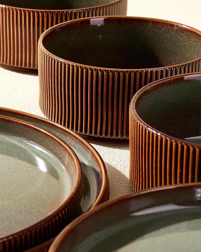 Stoneware Dinnerware Set for 4, Green Brown Reactive Glaze | 12 pcs Ceramic Plates and Bowls, Handmade Ribbed Dishes, Everyday Use, Microwave & Dishwasher Safe, Chip & Scratch Resistant