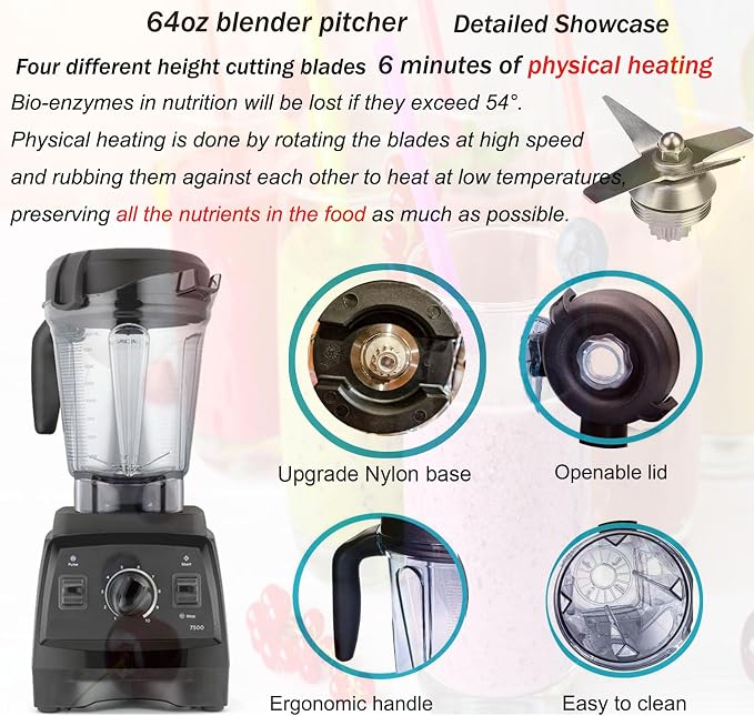 Blender Pitcher 64oz Low-Profile,Compatible with Vit 780 750 7500 5000 5200 Vm0102 Vm0103 Vm0197 E310 Professional/Commercial/Classic Series etc Blender,Blender Container Jar Cup,10 Years Warranty