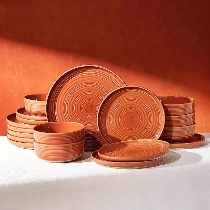 Dinnerware Set for 6, Ceramic Plates and Bowls, Terracotta | 18-Piece Ceramic Speckled Spiral Dishes, Chip & Scratch Resistant, Microwave & Dishwasher Safe, Everyday Use, Farmhouse Style