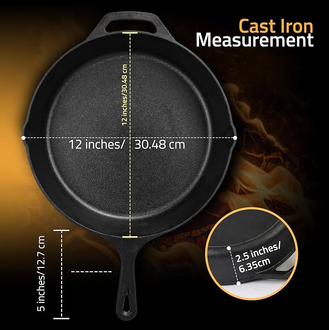 Utopia Kitchen Cast Iron Skillet 12 Inch Pre-Seasoned PFAS-Free Black | Chef Pan, Even Heat Distribution, Stovetop, Oven, Campfire and Grill Safe, Large Skillet, Indoor Outdoor Use