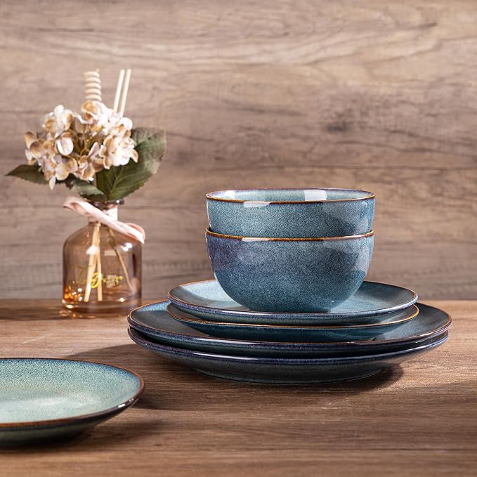 GBHOME Dinnerware Sets for 6, 24 Pieces Ceramic Plates and Bowls Set | Scratch Resistant Stoneware Dishes Set, Dishwasher & Microwave Safe, Reactive Glaze