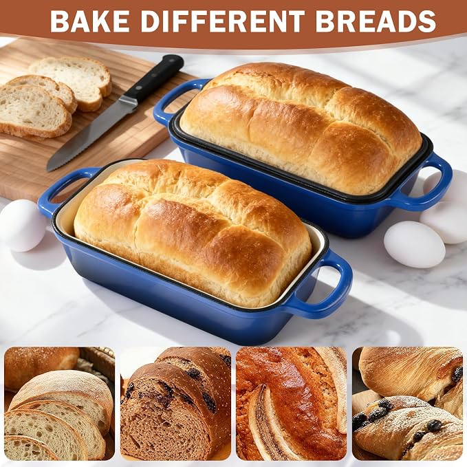 9 x 5 Inch Bread Pan Enameled Cast Iron Loaf Pan with Lid for Baking Blue | 2 in 1 Non-stick Sourdough Bread Loaf Pan for Homemade Bread, Oven & Stovetop Safe for Gas, Electric & Induction