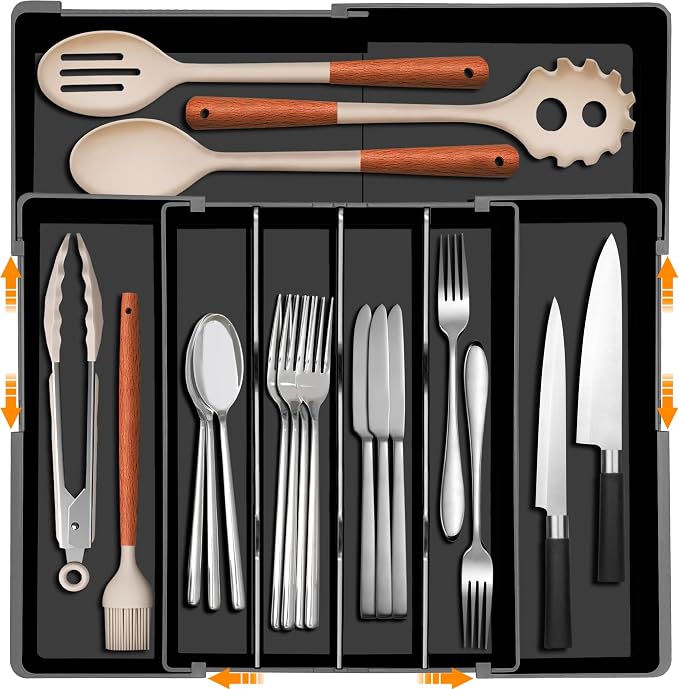 Silverware Organizer - Expandable Kitchen Drawer Organizer, 3" High Utensil Holder, BPA Free Flatware and Cutlery Tray for Spoons Forks Knives, Plastic Kitchen Organizer and Storage, Black
