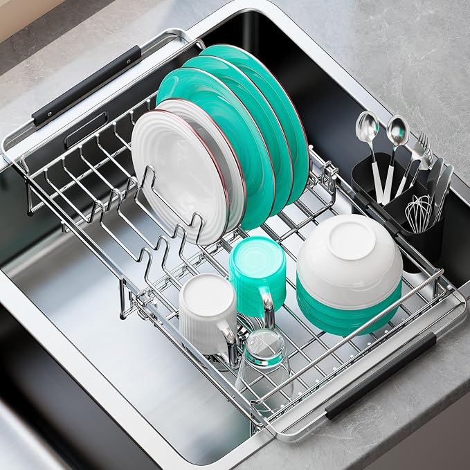 Urackify Expandable in-Sink or Over-Sink Dish Drying Rack, 14.5"-18", Black | 304 Stainless Steel, Fits Most Sinks, Rust-Resistant, Space-Saving, Removable Utensil Holder